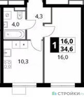 Планировка однокомнатной(квартира) площадью 34.6 квадратных метров в “ЖК 1-й Ясеневский (Первый Ясеневский)”