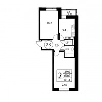 Планировка двухкомнатной(квартира) площадью 61.3 квадратных метров в “ЖК Космос”