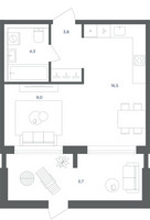 Планировка однокомнатной(квартира) площадью 37.3 квадратных метров в “ЖК Равновесие”