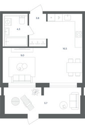 Планировка однокомнатной(квартира) площадью 37.3 квадратных метров в ЖК “ЖК Равновесие”