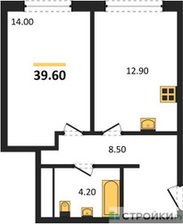 Планировка однокомнатной(квартира) площадью 39.6 квадратных метров в ЖК “ЖК Сиреневый парк”