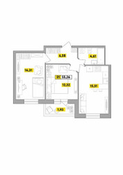 Планировка трехкомнатной(квартира) площадью 55.26 квадратных метров в ЖК “ЖК Радость (Радумля Парк)”