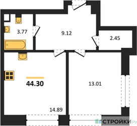 Планировка однокомнатной(квартира) площадью 44.3 квадратных метров в ЖК “ЖК Sezar City (Сезар Сити)”