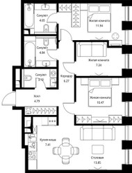 Планировка трехкомнатной(квартира) площадью 74.56 квадратных метров в ЖК “ЖК Сити Бэй”
