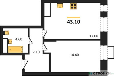 Планировка однокомнатной(квартира) площадью 43.1 квадратных метров в ЖК “ЖК Первый Московский”