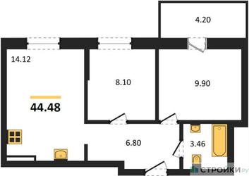 Планировка двухкомнатной(квартира) площадью 44.48 квадратных метров в ЖК “ЖК ВОСТОК II”