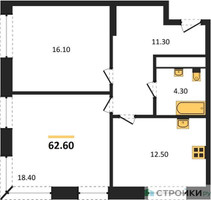 Планировка двухкомнатной(квартира) площадью 62.6 квадратных метров в “ЖК Мираполис”