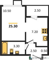 Планировка студии(квартира) площадью 25.3 квадратных метров в “ЖК Первый Лермонтовский”