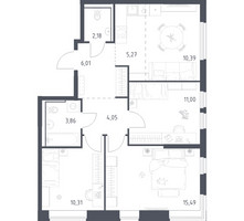 Планировка трехкомнатной(квартира) площадью 68.56 квадратных метров в “ЖК Пригород Лесное”