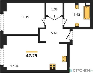 Планировка однокомнатной(квартира) площадью 42.25 квадратных метров в ЖК “ЖК "Гранд Фили"”