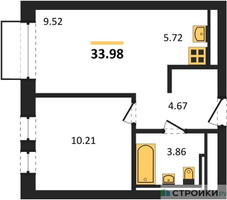 Планировка однокомнатной(квартира) площадью 33.98 квадратных метров в “ЖК Рублевский Квартал”