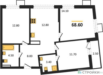 Планировка трехкомнатной(квартира) площадью 68.6 квадратных метров в ЖК “ЖК Деснаречье”