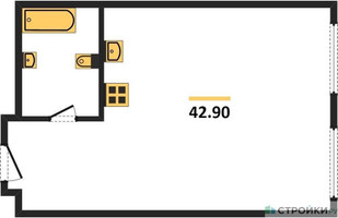 Планировка однокомнатной(апартаменты) площадью 42.9 квадратных метров в “ЖК Nametkin Tower (Наметкин Тауэр)”