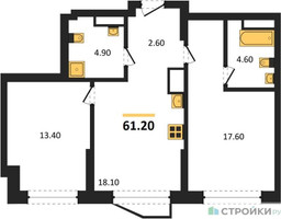 Планировка двухкомнатной(квартира) площадью 61.2 квадратных метров в “ЖК Символ”