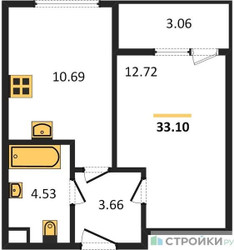 Планировка однокомнатной(квартира) площадью 33.13 квадратных метров в ЖК “Жилые кварталы Новое Пушкино”