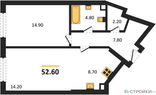 Планировка однокомнатной(квартира) площадью 52.6 квадратных метров в “ЖК Родина Переделкино”