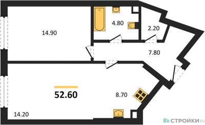 Планировка однокомнатной(квартира) площадью 52.6 квадратных метров в ЖК “ЖК Родина Переделкино”