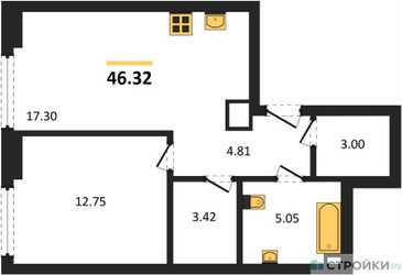 Планировка однокомнатной(квартира) площадью 46.32 квадратных метров в ЖК “ЖК Гранд Фили”