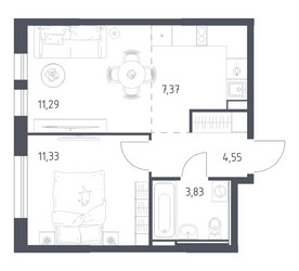 Планировка однокомнатной(квартира) площадью 38.37 квадратных метров в ЖК “ЖК Остафьево”