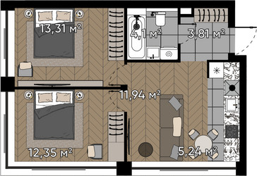 Планировка двухкомнатной(квартира) площадью 50.8 квадратных метров в ЖК “ЖК Квартал Серебряный бор”