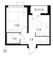 Планировка однокомнатной(квартира) площадью 37.7 квадратных метров в “ЖК 1-й Саларьевский (Первый Саларьевский)”