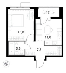 Планировка однокомнатной(квартира) площадью 37.7 квадратных метров в ЖК “ЖК 1-й Саларьевский (Первый Саларьевский)”