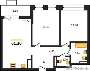 Планировка двухкомнатной(квартира) площадью 61.3 квадратных метров в ЖК “ЖК Прокшино”