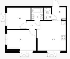 Планировка двухкомнатной(квартира) площадью 47.1 квадратных метров в ЖК “ЖК Первый Дубровский”