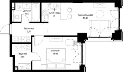 Планировка однокомнатной(квартира) площадью 48.86 квадратных метров в ЖК “ЖК Сити Бэй”