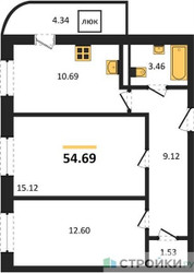 Планировка двухкомнатной(квартира) площадью 54.69 квадратных метров в ЖК “Ласточкино”
