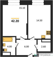 Планировка однокомнатной(квартира) площадью 42.2 квадратных метров в “ЖК Пушкино Град”