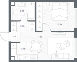 Планировка однокомнатной(квартира) площадью 42.7 квадратных метров в “ЖК TATE (Тэйт)”