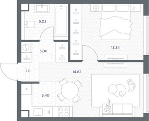 Планировка однокомнатной(квартира) площадью 42.7 квадратных метров в ЖК “ЖК TATE (Тэйт)”