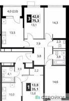 Планировка трехкомнатной(квартира) площадью 75.3 квадратных метров в “ЖК 1-й Ясеневский (Первый Ясеневский)”