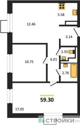 Планировка двухкомнатной(квартира) площадью 59.3 квадратных метров в ЖК “ЖК Алхимово”