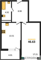 Планировка однокомнатной(квартира) площадью 46.63 квадратных метров в “ЖК Riga Hills (Рига Хиллс)”