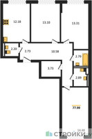 Планировка трехкомнатной(квартира) площадью 77.99 квадратных метров в “ЖК Мытищи Парк”