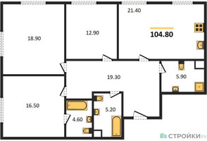 Планировка трехкомнатной(квартира) площадью 104.8 квадратных метров в “ЖК Интонация”