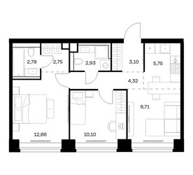 Планировка двухкомнатной(квартира) площадью 54.31 квадратных метров в ЖК “ЖК НОВА”