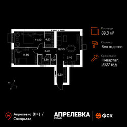 Планировка трехкомнатной(квартира) площадью 69.3 квадратных метров в ЖК “Апрелевка Клаб”