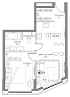 Планировка однокомнатной(квартира) площадью 46 квадратных метров в “ЖК Дрим Рива”