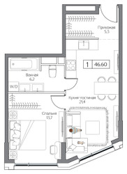 Планировка однокомнатной(квартира) площадью 46 квадратных метров в ЖК “ЖК Дрим Рива”