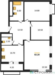 Планировка трехкомнатной(квартира) площадью 82.2 квадратных метров в ЖК “ЖК Римский”
