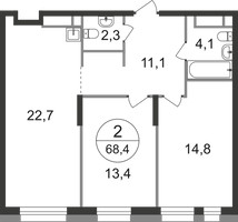Планировка двухкомнатной(квартира) площадью 68.4 квадратных метров в “ЖК Первый Московский”