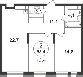 Планировка двухкомнатной(квартира) площадью 68.4 квадратных метров в ЖК “ЖК Первый Московский”