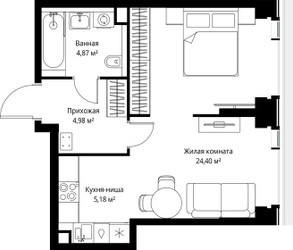 Планировка однокомнатной(квартира) площадью 39.43 квадратных метров в ЖК “Мультиквартал СИТИДЗЕН”