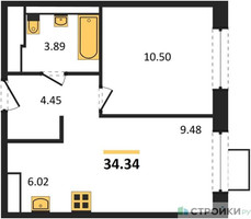Планировка однокомнатной(квартира) площадью 34.34 квадратных метров в “ЖК Пятницкие луга”