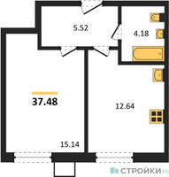 Планировка однокомнатной(квартира) площадью 37.48 квадратных метров в “ЖК Бархат”