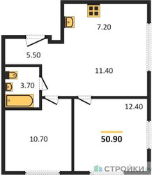 Планировка двухкомнатной(квартира) площадью 50.9 квадратных метров в ЖК “ЖК Новый Зеленоград”