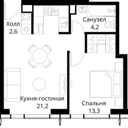 Планировка однокомнатной(квартира) площадью 42.4 квадратных метров в ЖК “ЖК Сити Бэй”
